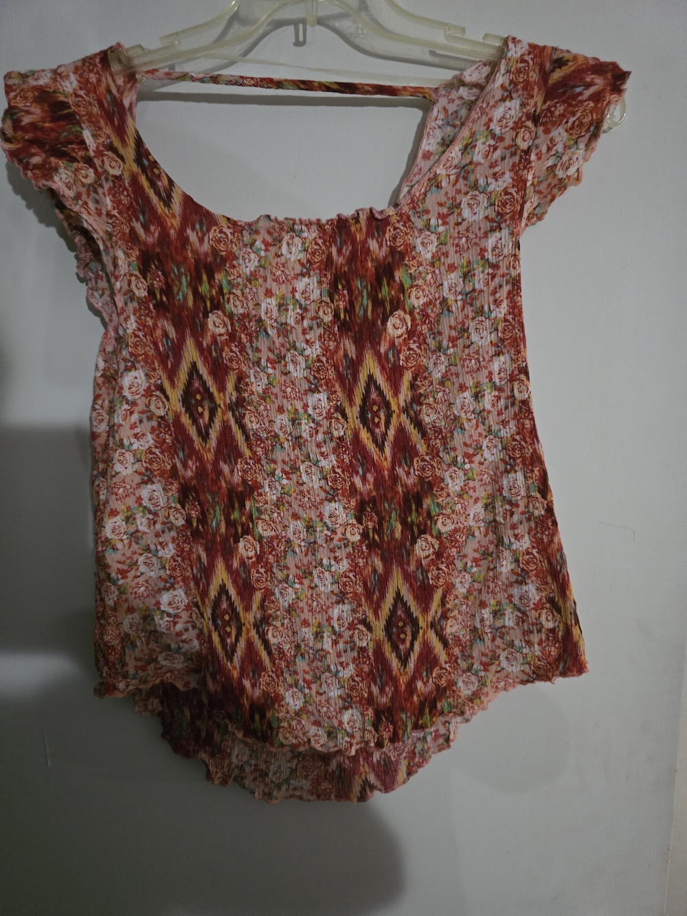 Belle Du Jour Red Floral Ikat Off-Shoulder Top Great For Fall Layering